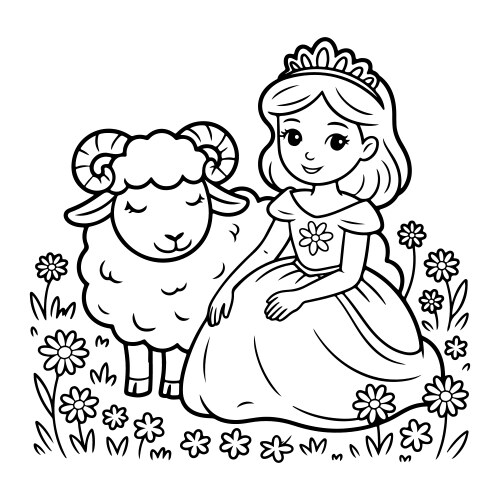 Princess with Sheep and Flowers Vector Image