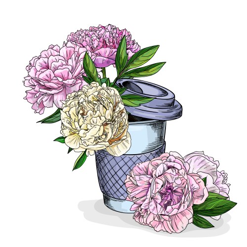 Lush peonies in a coffee cup hand drawn Vector Image