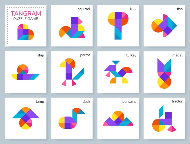 Tangram puzzle set with various objects vector image