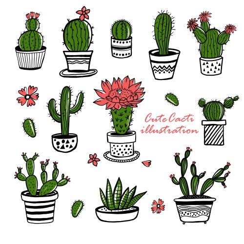 Cute Cactus & Succulent Sketch Set Vector Image