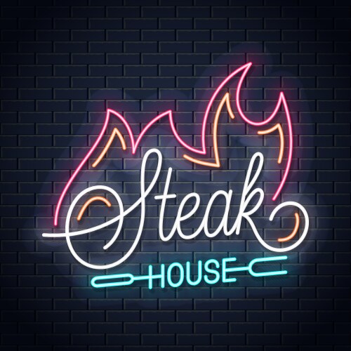 Neon Steakhouse Logo with Fire Vector Image