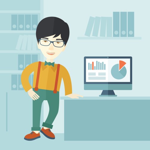 Man presenting a graph from his computer vector image