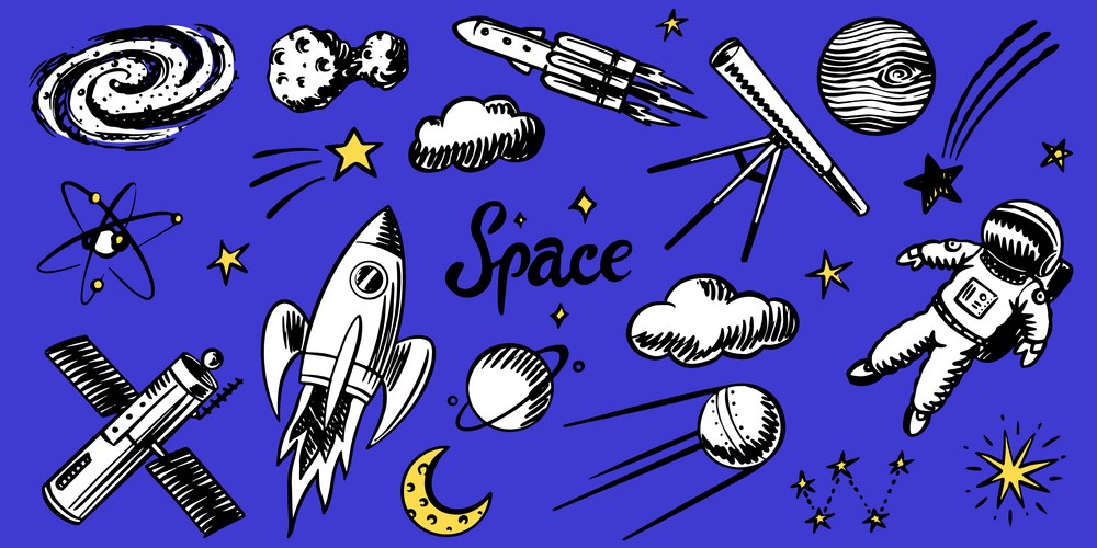 Sketchy Space Doodles - Planets & Rockets Vector Image