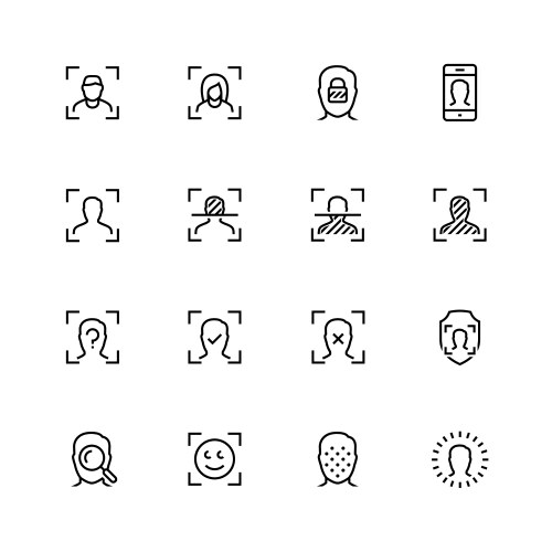 face scanning and recognition icon set in outline vector image