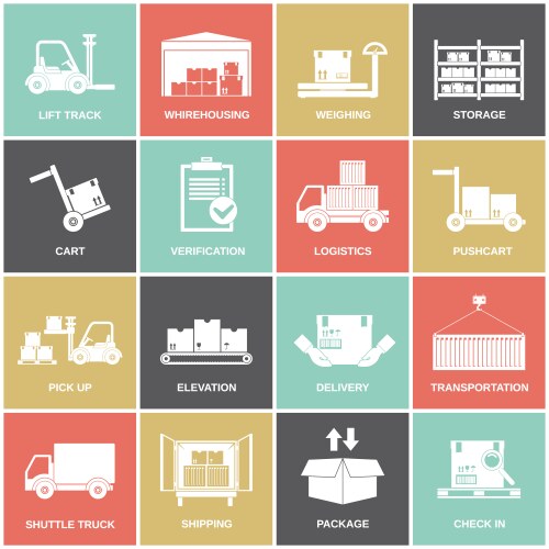Warehouse icons flat set Royalty Free Vector Image