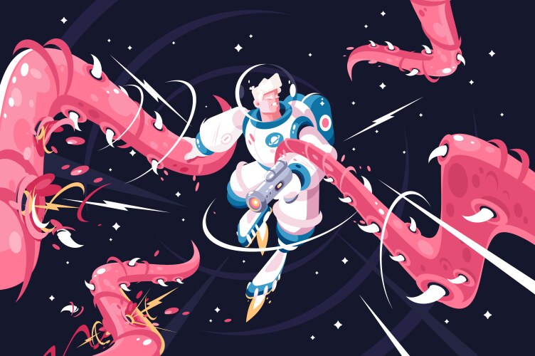 young astronaut vs dangerous alien tentacles vector