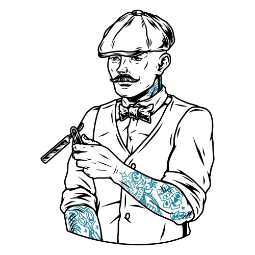 Vintage concept tattooed mustached barber Vector Image