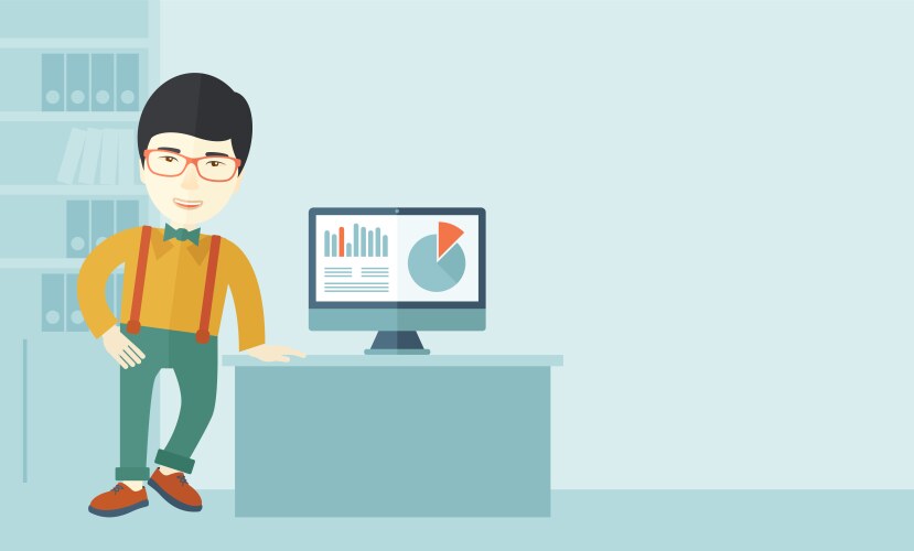 Man presenting a graph from his computer vector image
