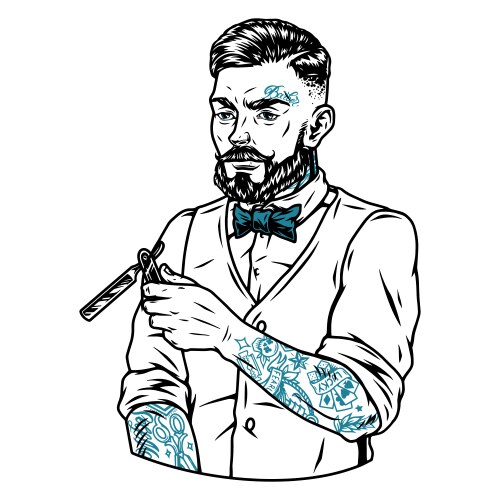 Tattooed bearded and mustached barber Vector Image