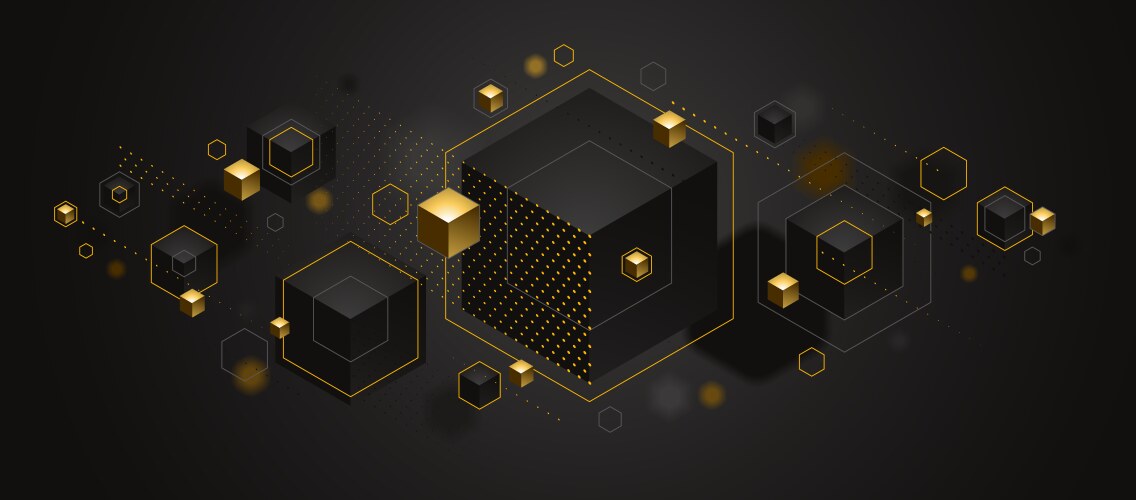 Cubes cluster with golden elements lines and dots vector image