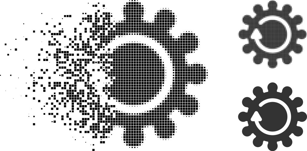 Dissolving pixelated halftone cog rotation icon vector image