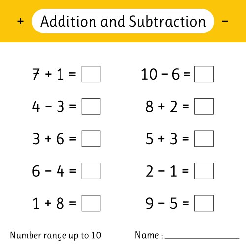 Addition and subtraction number range up to 10 vector image