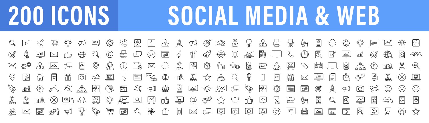 Set of 200 media and web icons in line style data vector image
