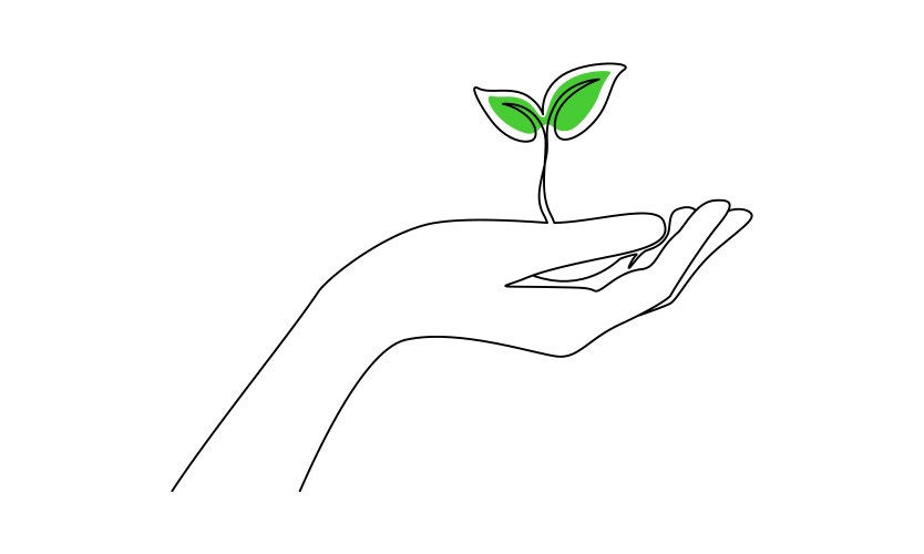 Hand holding plant with leaf in one continuous vector image