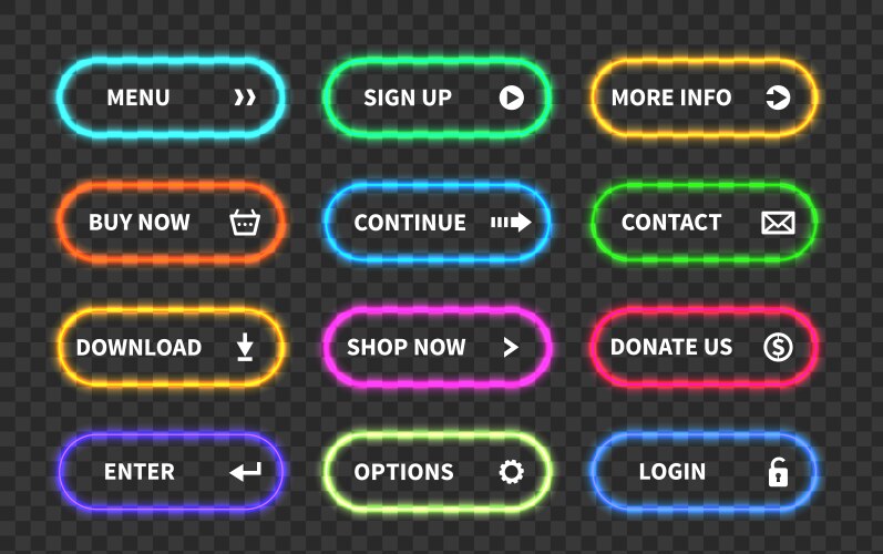 Set glow action buttons neon web submit form vector image