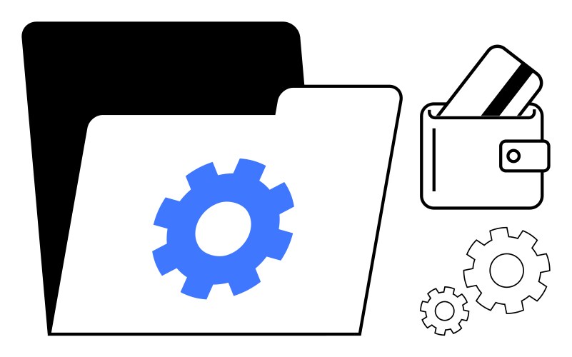Digital wallet with gears and folder representing vector image