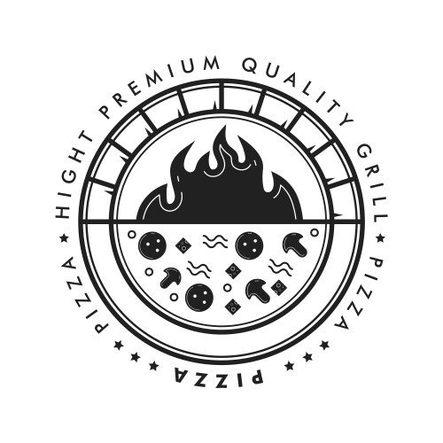 Pizza grill circle badge logo with hot brick oven Vector Image