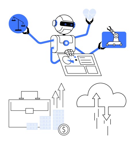 Futuristic robot managing multiple tasks including vector image