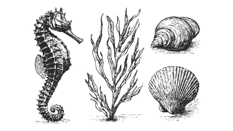 Ocean Sketch: Seahorse & Seashells Vector Image