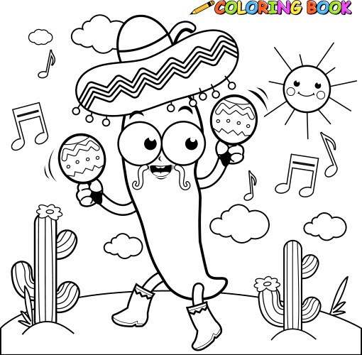 Mariachi Chili Pepper Coloring Page Vector Image