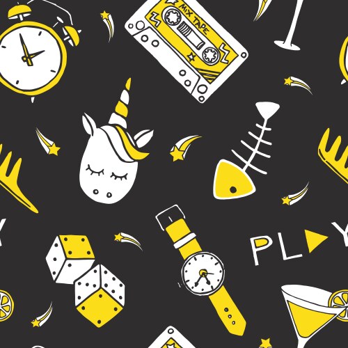 Patch doodles on dark background seamless pattern vector image
