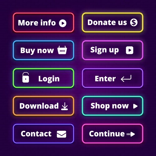 neon buttons glow enter shop web badges click vector image