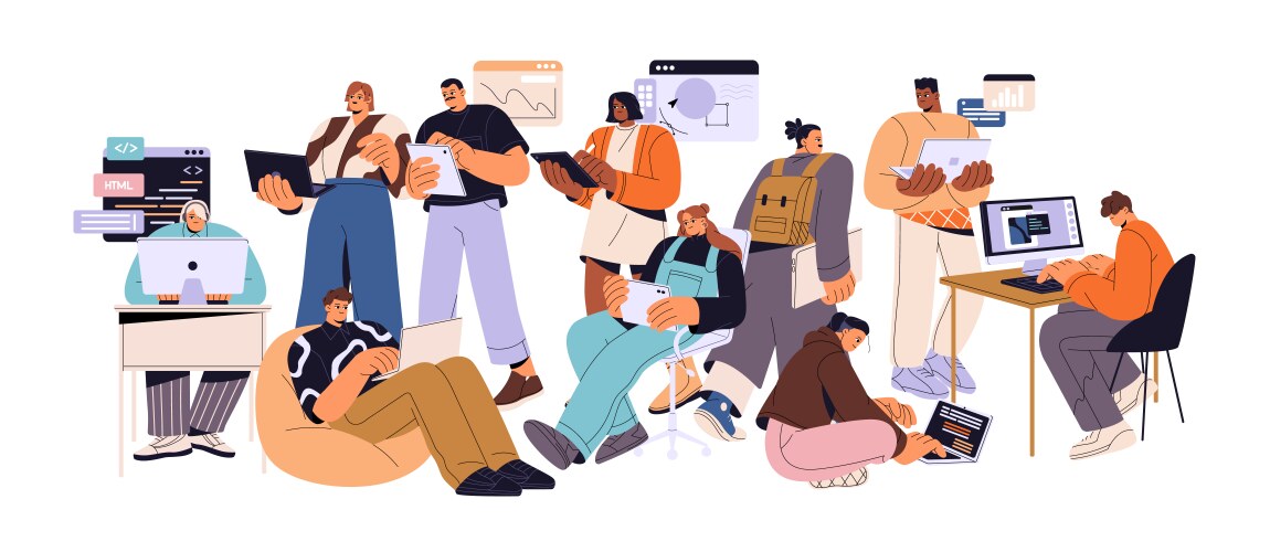 Programmers team works at computers together vector image
