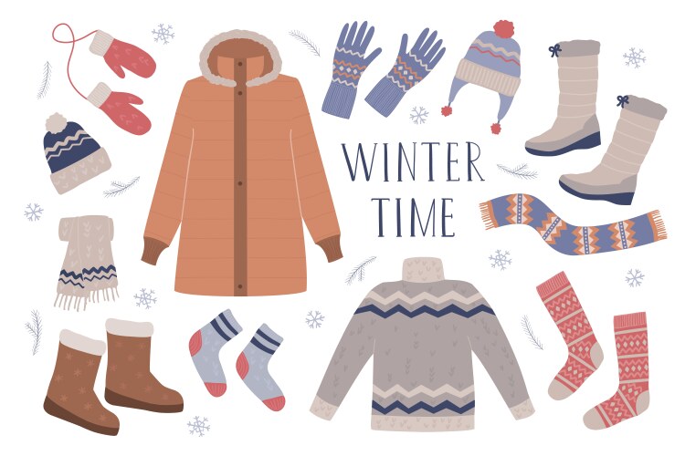 Set warm clothes with winter time inscription Vector Image