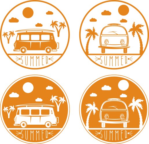 Retro bus with surfboard labels set Vector Image