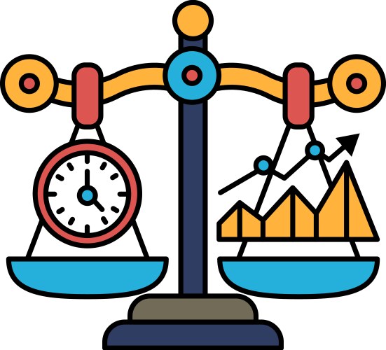 A scale with clock on one side and graph vector image