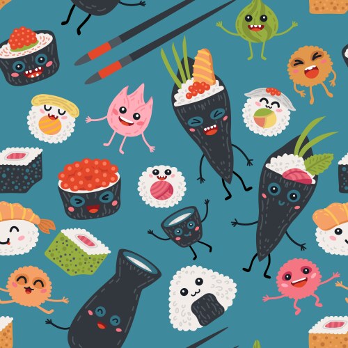 Seamless pattern kawaii rolls and sushi background Vector Image