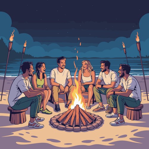 Friends gather around a beach bonfire at night Vector Image