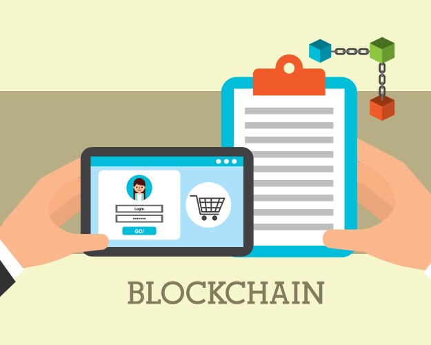 Hands with device and clipboard blockchain vector image