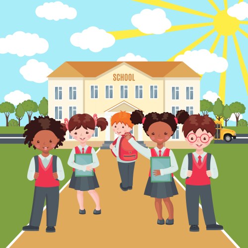 Happy kids on school building background vector image