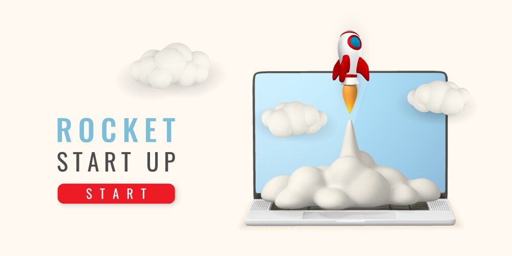 Cute cartoon start up banner with laptop rocket vector image