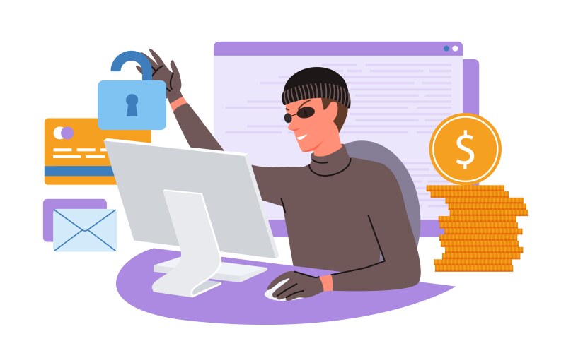 Cartoon hacker using computer criminal stealing vector image