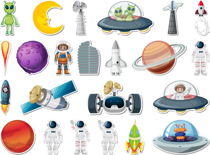 Sticker set of outer space objects and astronauts vector image