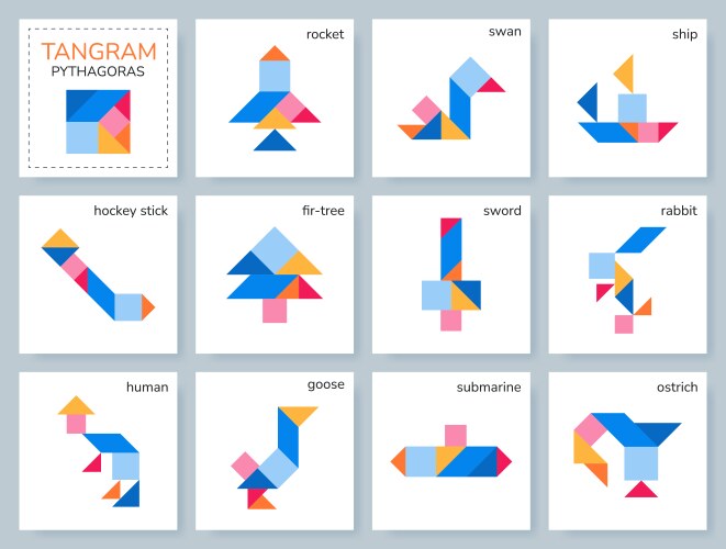 Tangram pythagoras puzzle set with objects vector image