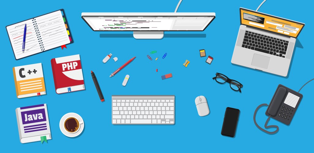 Workplace of programmer or coder vektorbild