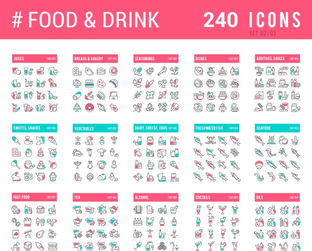 Collection linear icons food and drinks vector image