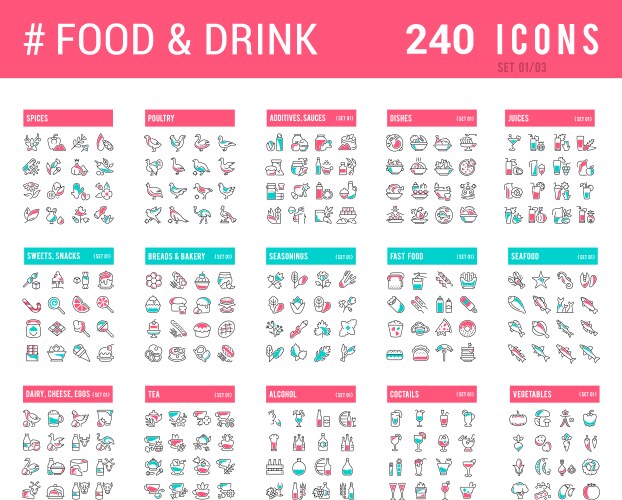 Collection linear icons food and drinks vector image