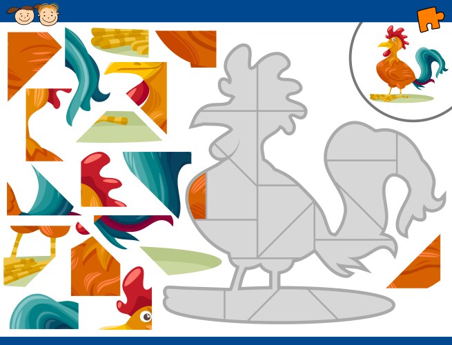 Cartoon rooster jigsaw puzzle task vector image