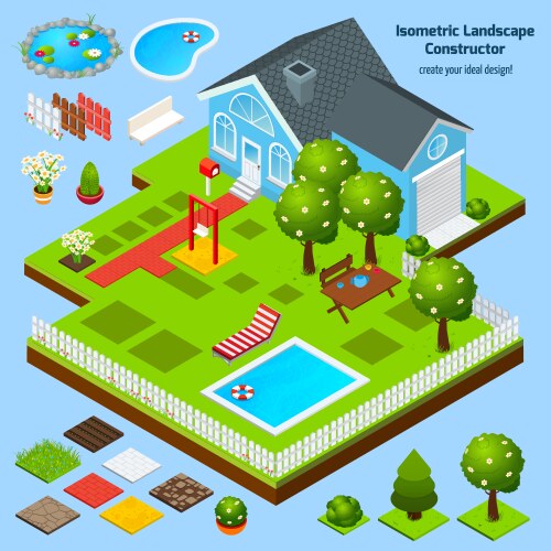 Garden isometric tile set isolated Royalty Free Vector Image