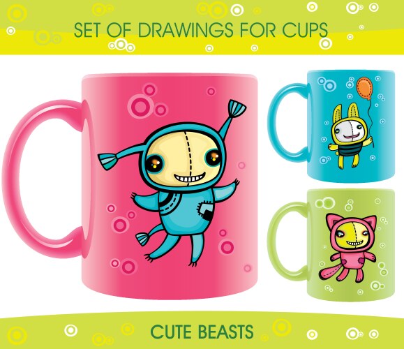 Cute Animal Cups with Beast Drawings Vector Image
