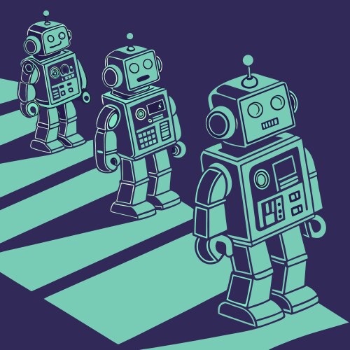Retro futuristic robots in repeating rows vector image