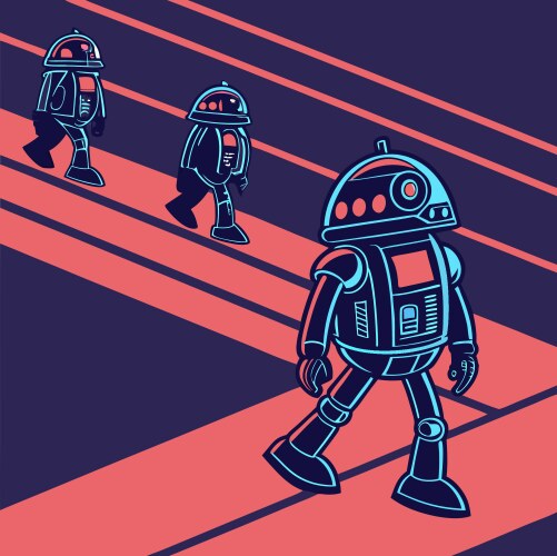 Retro futuristic robots in repeating rows vector image