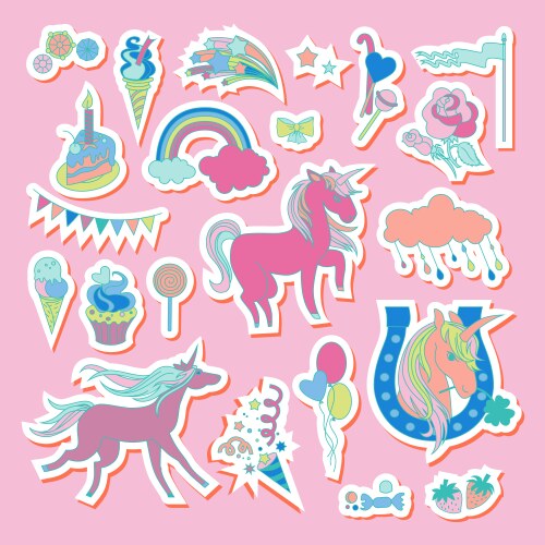 Colorful Unicorn Stickers with Cake & Ice Cream Vector Image