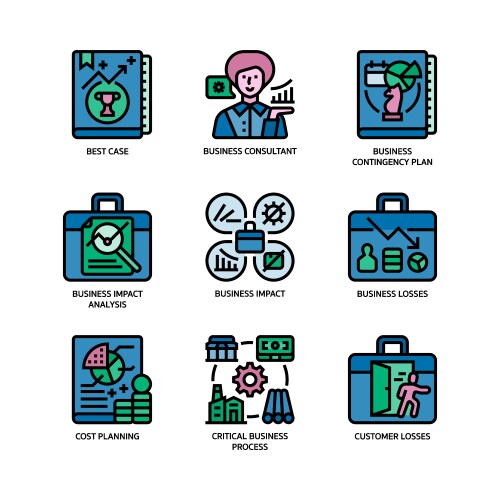 Business continuity plan icons set Royalty Free Vector Image