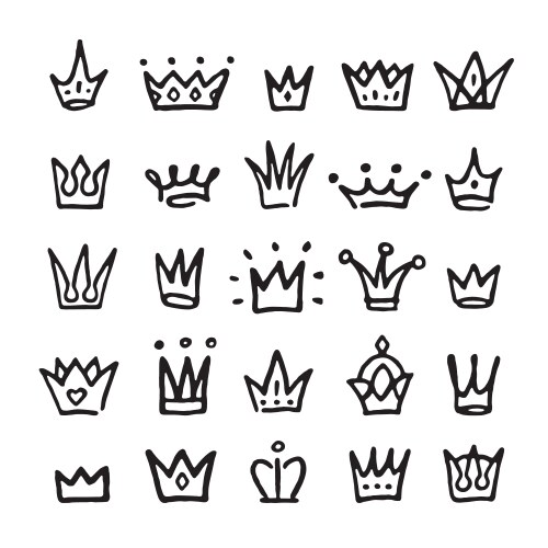 Doodle queen crowns logo prince crown black Vector Image