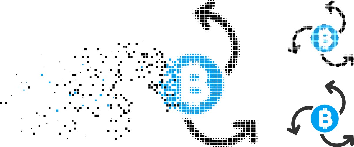 Fractured dot halftone bitcoin source swirl icon vector image